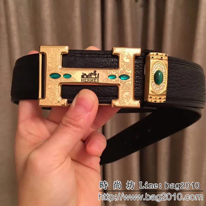 愛馬仕HERMES 太平洋深海鯊魚皮 鑲鑽貓眼石高端男士皮帶 HHG1196